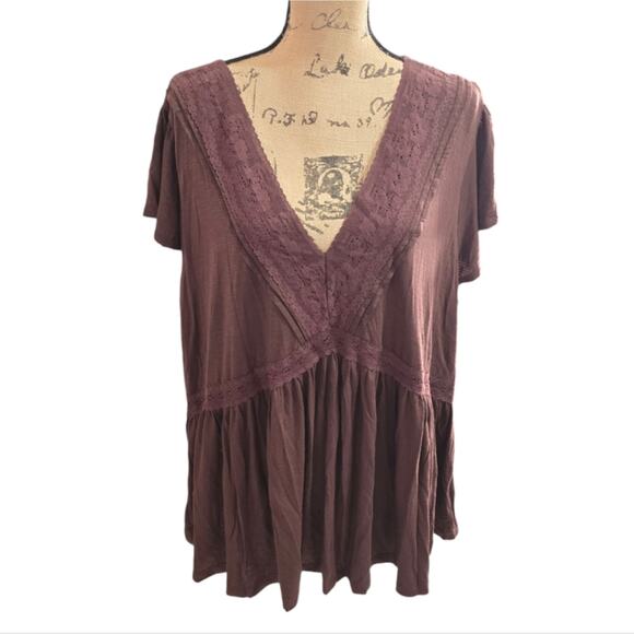 Torrid Chocolate Brown Knit V-Neck Lace Inset Babydoll Top Shirt Plus Size 3 3X - Picture 4 of 12